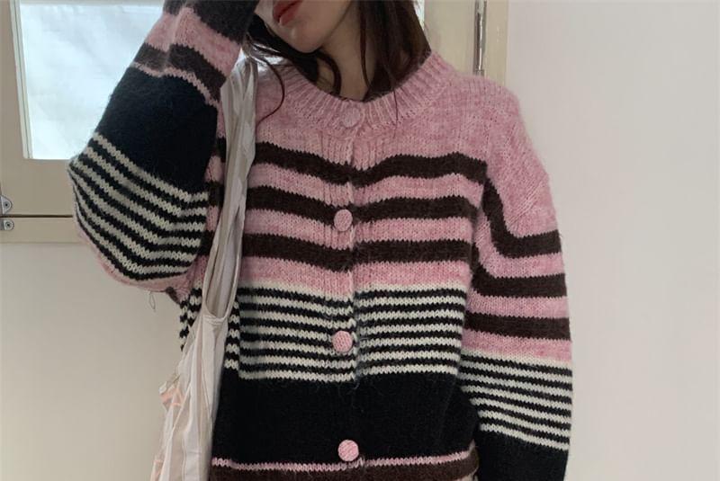 Round Neck Striped Cardigan Product Image