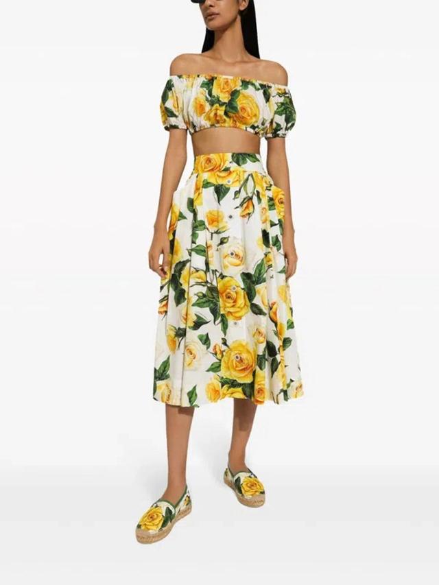 Rose Printed Cotton Midi Skirt In Yellow Product Image