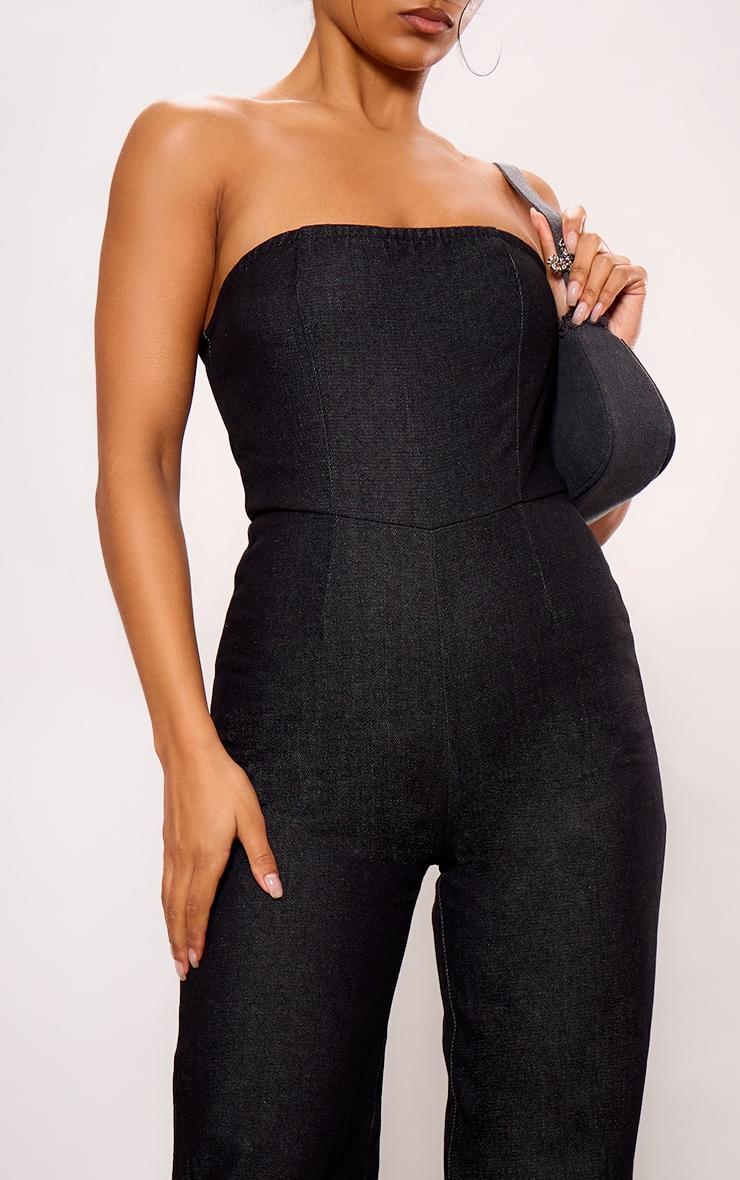 Black Twill Bandeau Wide Leg Jumpsuit Product Image