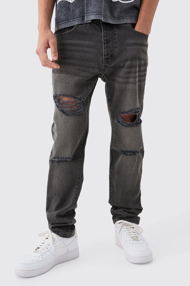 Slim Rigid All Over Rip Jean In Charcoal | boohooMAN USA Product Image