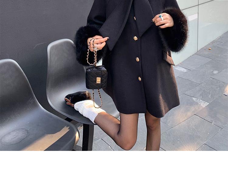 Tie Neck Plain Panel Faux Fur Button Coat Product Image