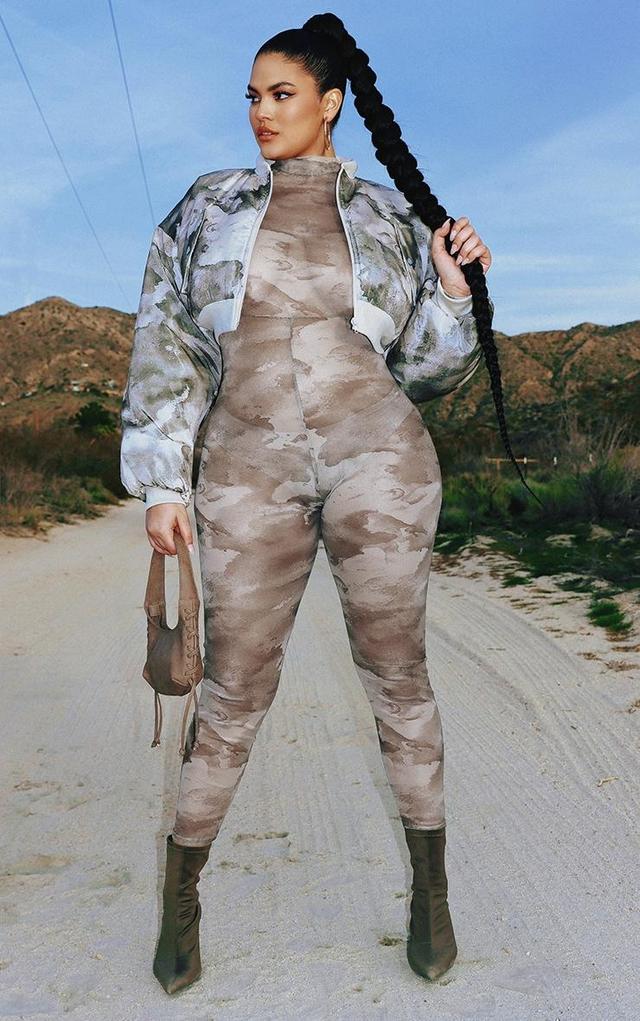 Plus Grey Camo Printed Mesh Jumpsuit Product Image