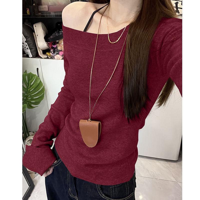 Long Sleeve One Shoulder Plain Knit Top Product Image