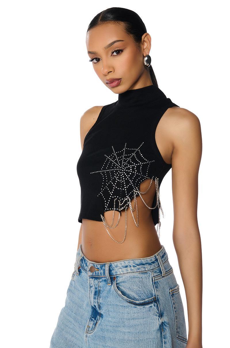 SPIDER WEBS MOCK NECK EMBELLISHED CROPPED TANK Product Image