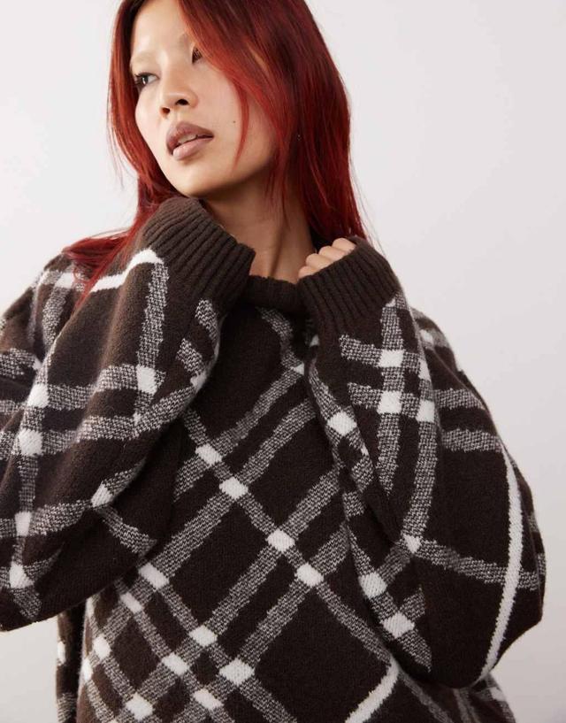 Monki oversized knit sweater in black and brown check Product Image