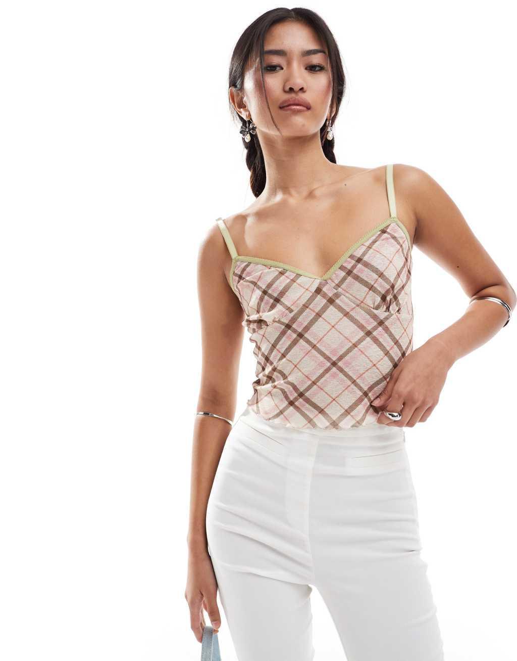 Reclaimed Vintage mesh cami top in plaid print Product Image