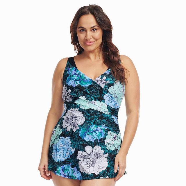 Plus Size Mazu Tropical Flora Wrap One-Piece Swimdress, Womens Product Image