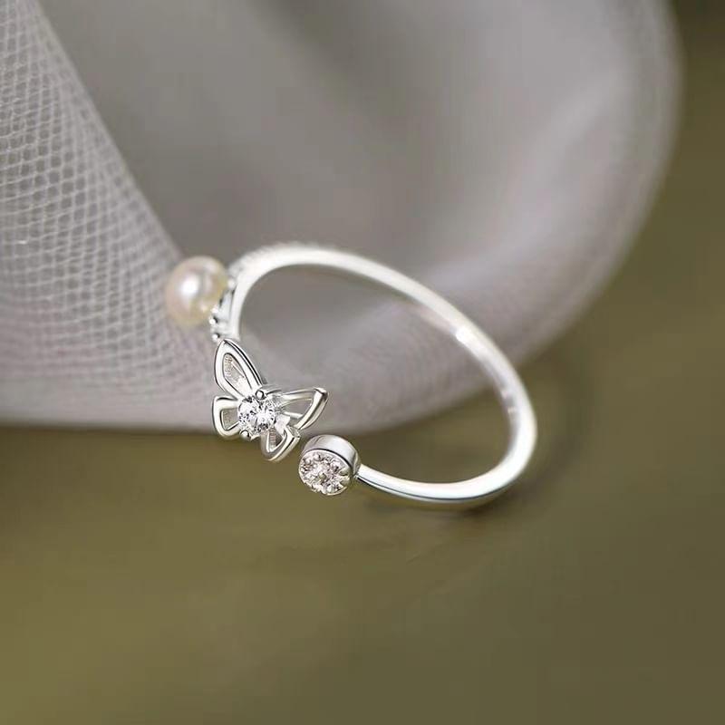 925 Sterling Silver Rhinestone Butterfly Faux Pearl Open Ring Product Image