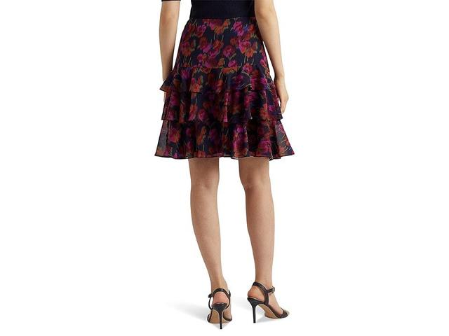 LAUREN Ralph Lauren Petite Floral Crinkle Georgette Tiered Skirt (Blue Multi) Women's Skirt Product Image