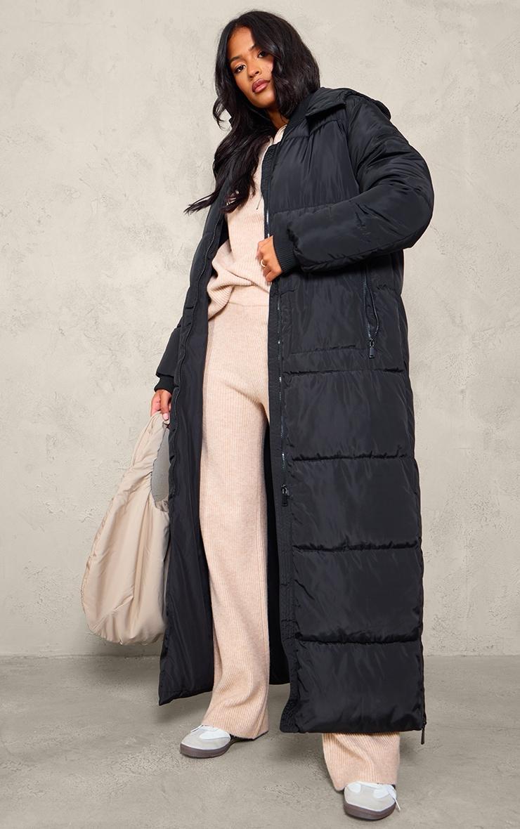 Tall Black Maxi Longline Hooded Puffer Coat Product Image