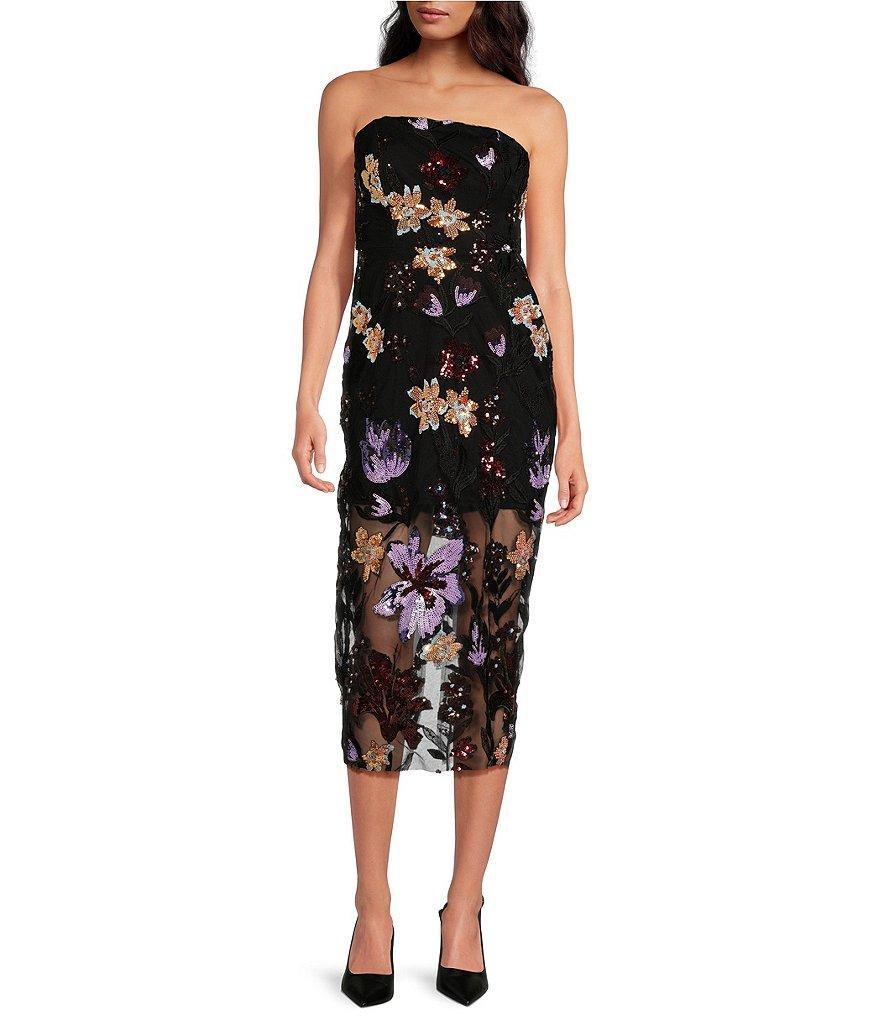 Sam Edelman Oversize Floral Sequin Strapless Sleeveless Embroidered Detail Sheath Dress Product Image