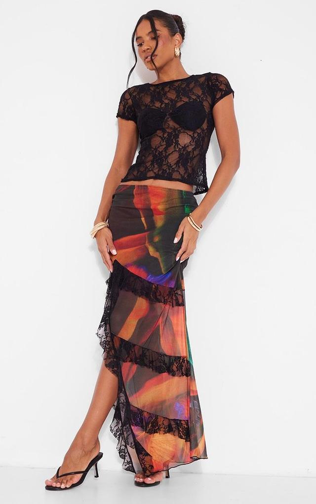 Black Tulip Print Lined Mesh Thigh Split Lace Trim Maxi Skirt Product Image