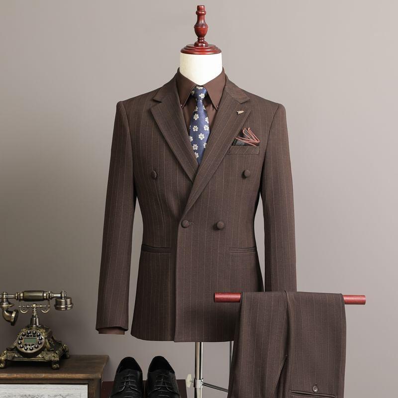 Set: Striped Double Breasted Blazer + Dress Pants + Vest Product Image