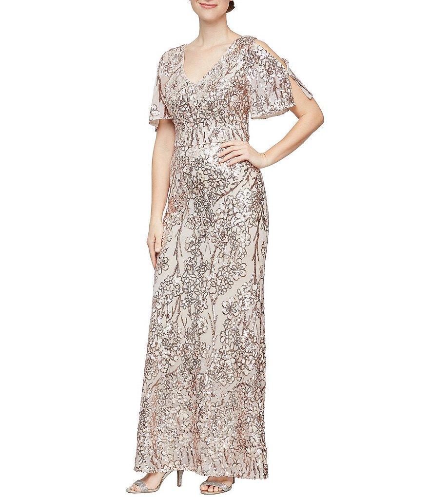 Alex Evenings Floral Sequin Cold Shoulder Short Flutter Sleeve V-Neck Sheath Long Gown Product Image