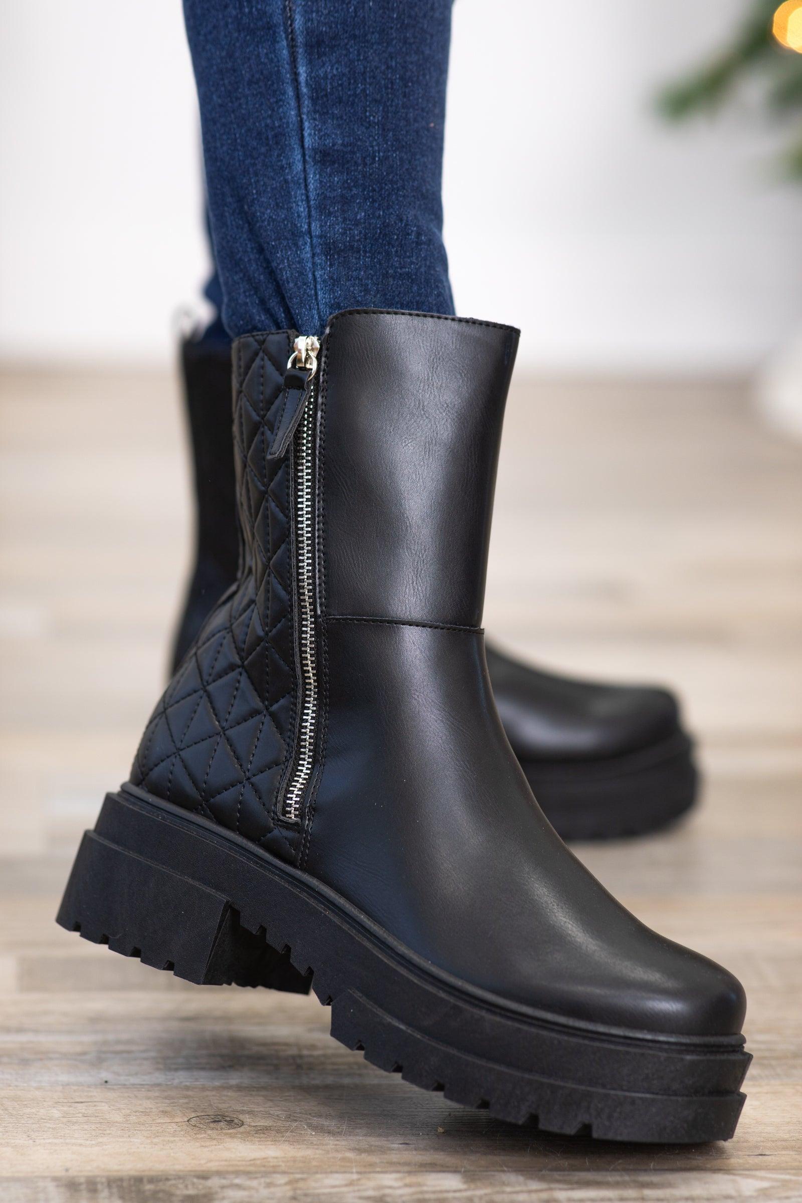 Black Lug Sole Quilted Detail Boots Product Image