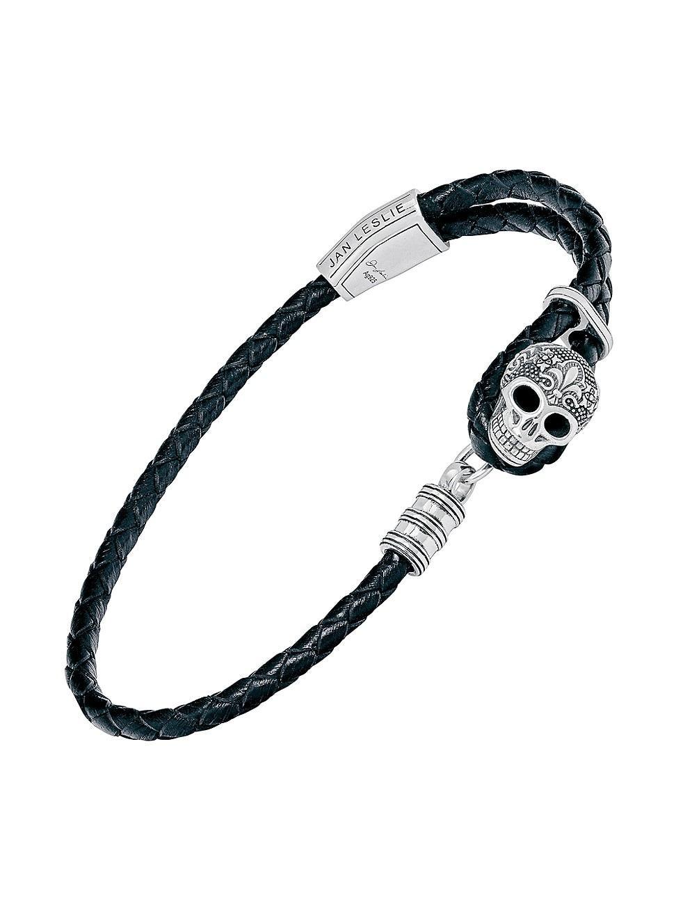 Men's Braided Leather Bracelet with Sterling Silver Skull  Product Image