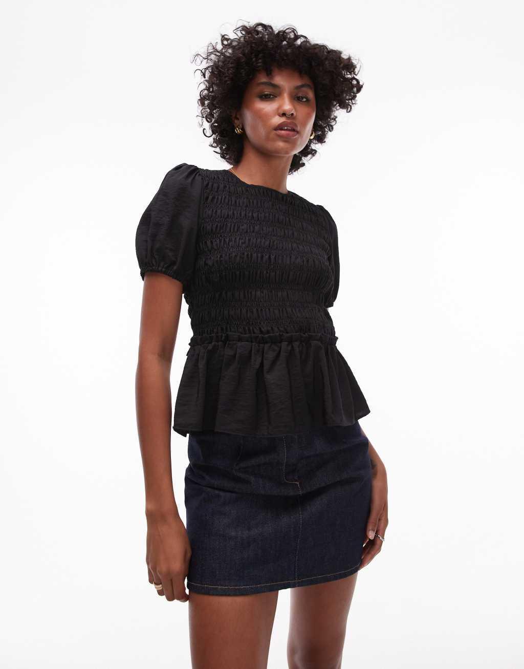 Topshop shirred top in black Product Image