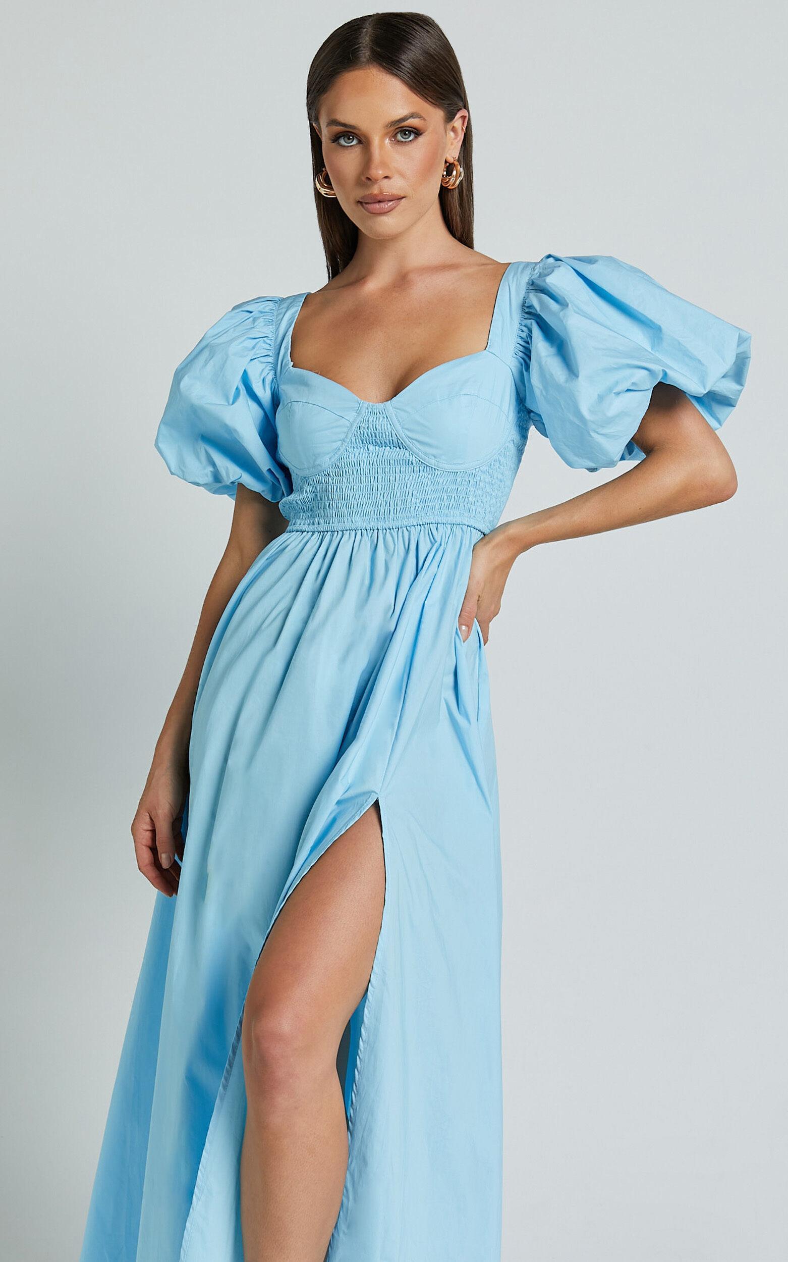 Raiza Midi Dress - Shirred Waist Puff Sleeve Dress in Aqua Product Image