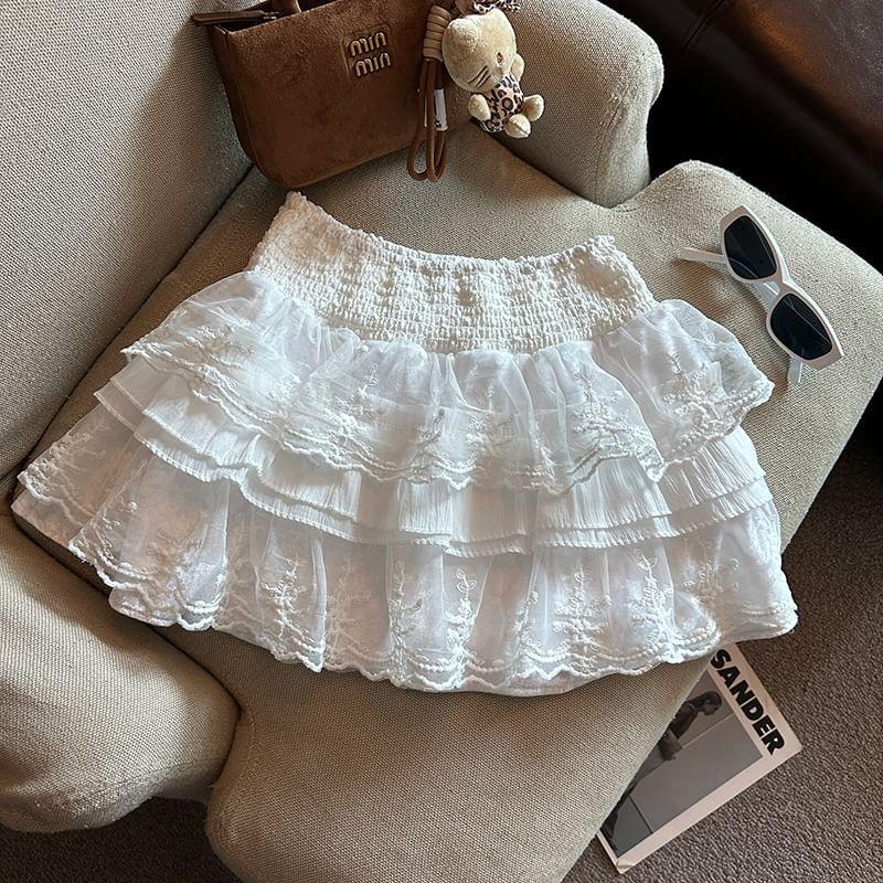 High Waist Plain Lace Panel Tiered Mini A-Line Skirt Product Image