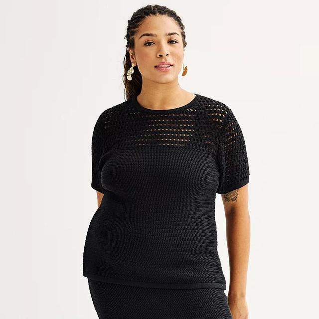 Plus Size Nine West Crochet Short Sleeve Top, Womens Product Image