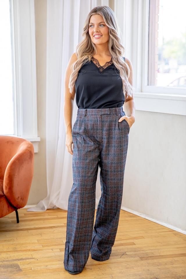 Brown and Navy Plaid Wide Leg Trousers Product Image