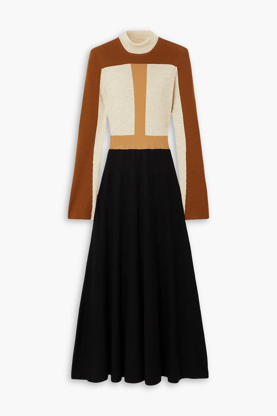 CHLOÉ Color-block Wool Midi Dress In Beige Product Image