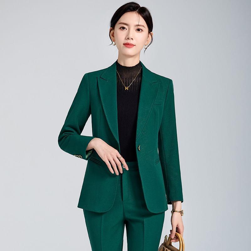 Set: Lapel Collar Plain Single Breasted Blazer + Mid Rise Plain Slacks product image