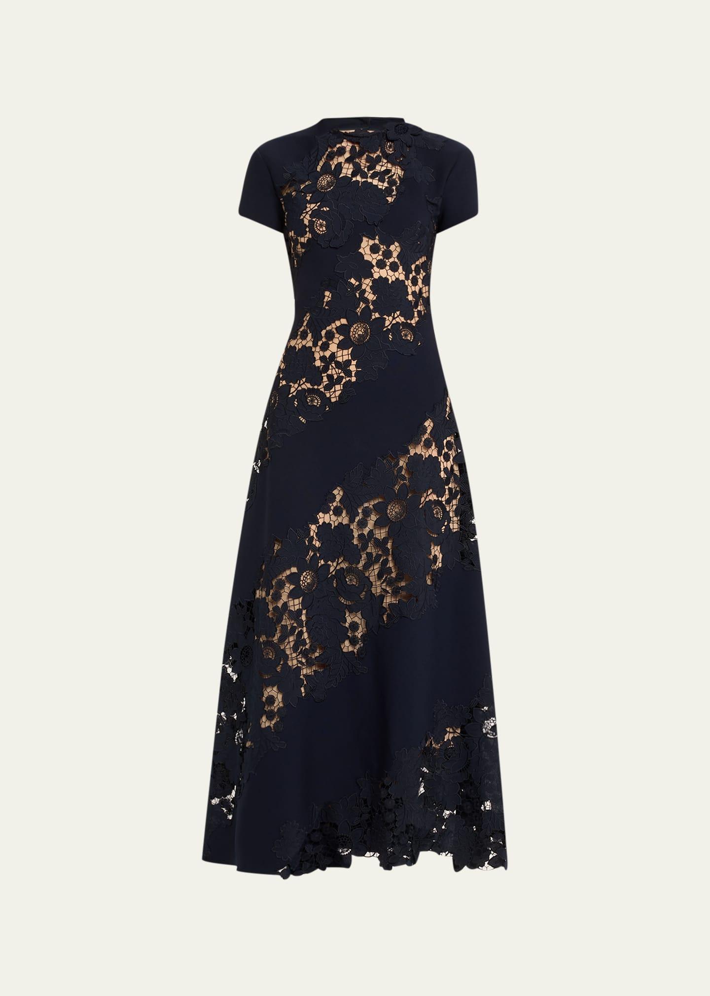 Oscar de la Renta Short Sleeve Lace Inset Midi Dress product image