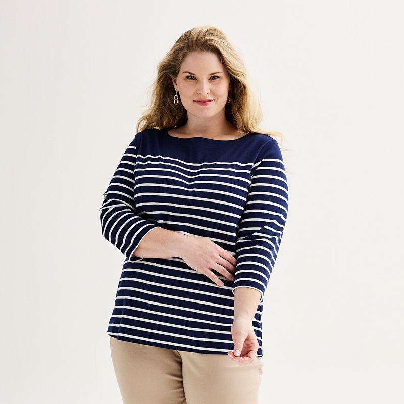 Plus Size Croft & Barrow Boatneck Top, Womens Dark Blue Product Image