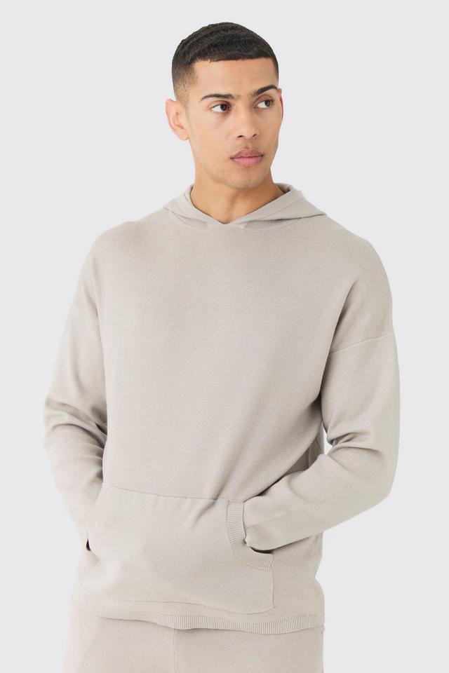 Mens Grey Regular Fit Knitted Hoodie, Grey Product Image