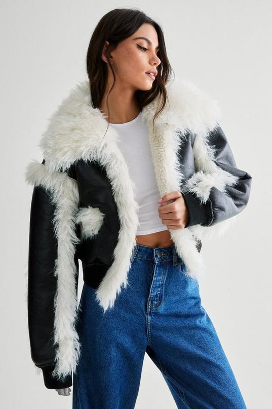 Plush Fur Crop Aviator Jacket Product Image