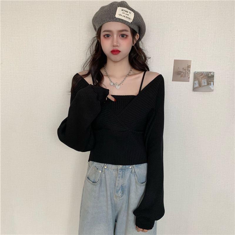 Long-Sleeve Mock Two-Piece Ribbed Knit Top Product Image