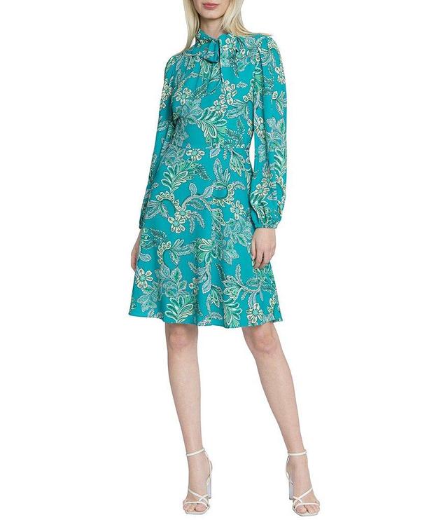 Maggy London Bubble Crepe Floral Embroidery Tie Neck Long Sleeve Dress Product Image