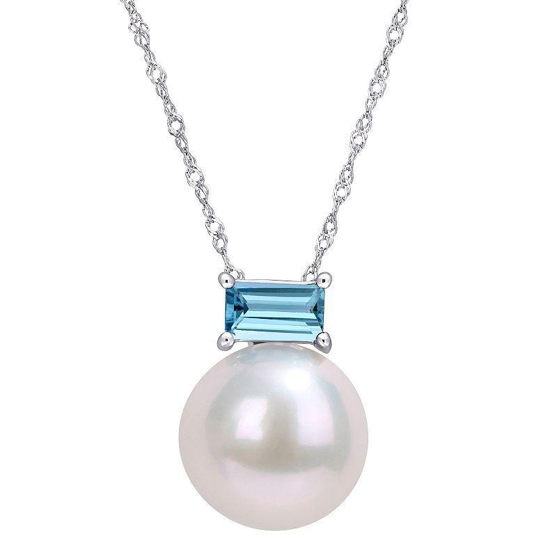 Stella Grace 10k White Gold Freshwater Cultured Pearl & Blue Topaz Stud Pendant Necklace, Womens 10k Gold Product Image