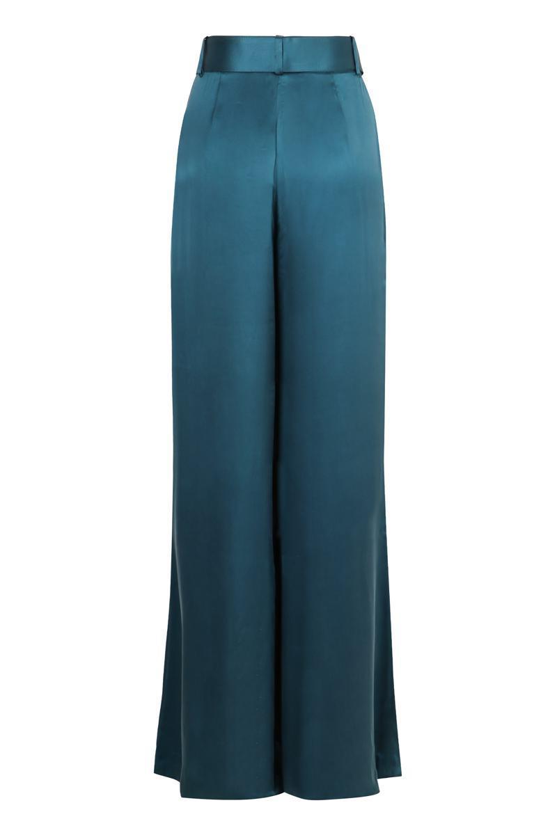 Pleated Silk Wide-leg Pants In Blue Product Image