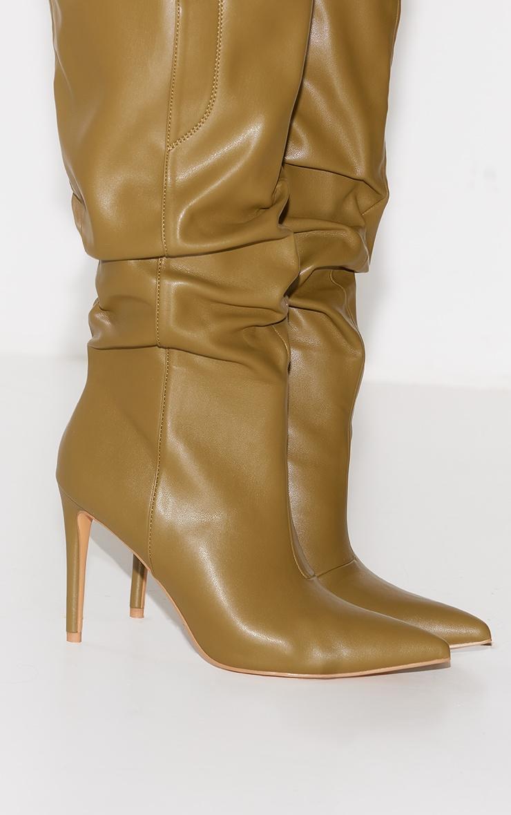 Olive PU Point Toe Ruched Button Detail Knee High Heeled Boots Product Image