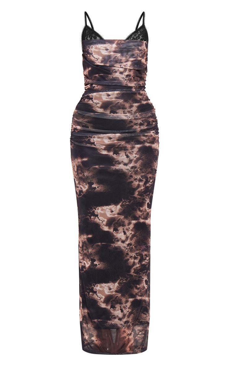 Brown Print Mesh Cowl Neck Lace Cup Detail Maxi Dress Product Image