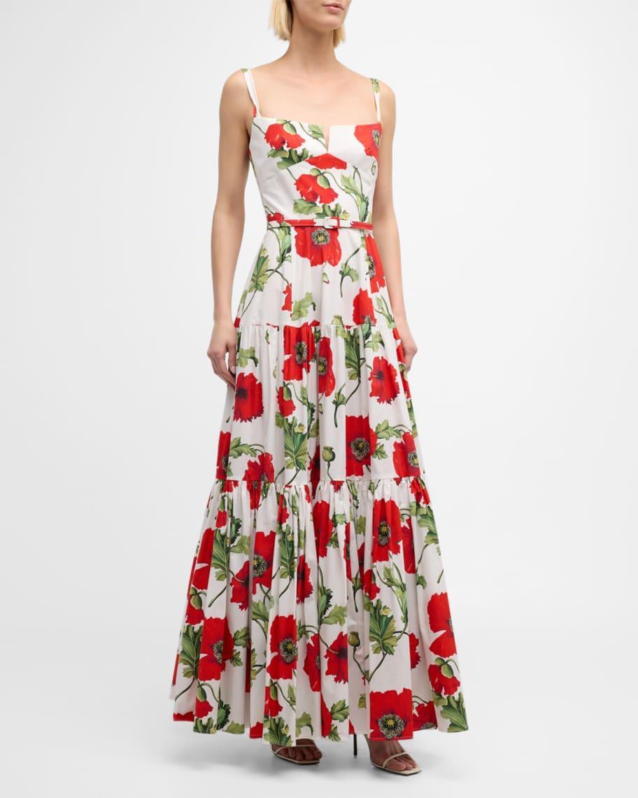 Poppies-Print Sleeveless Belted Tiered Maxi Dress Product Image