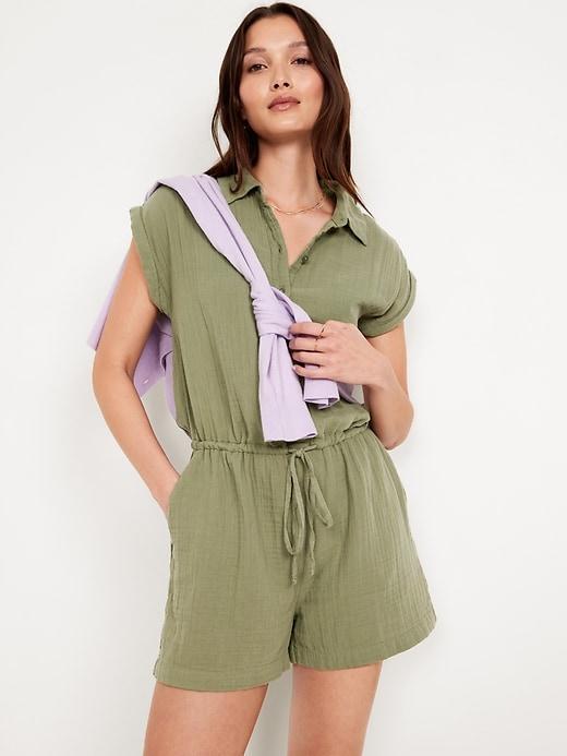 Waist-Defined Crinkle Gauze Romper -- 3-inch inseam Product Image