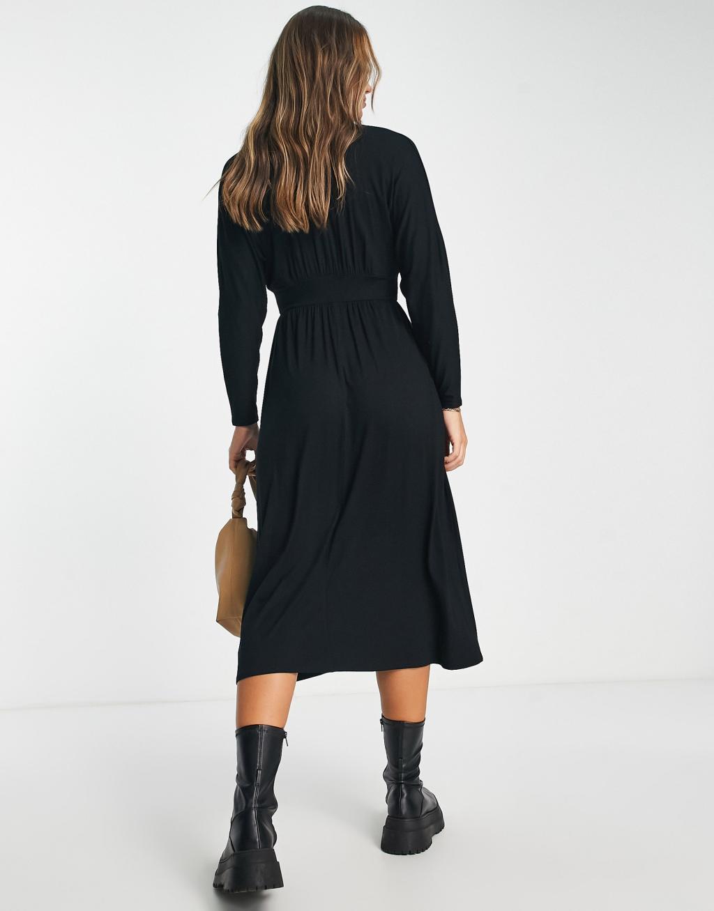 ASOS DESIGN waisted long sleeve midi tea dress with buttons in black Product Image