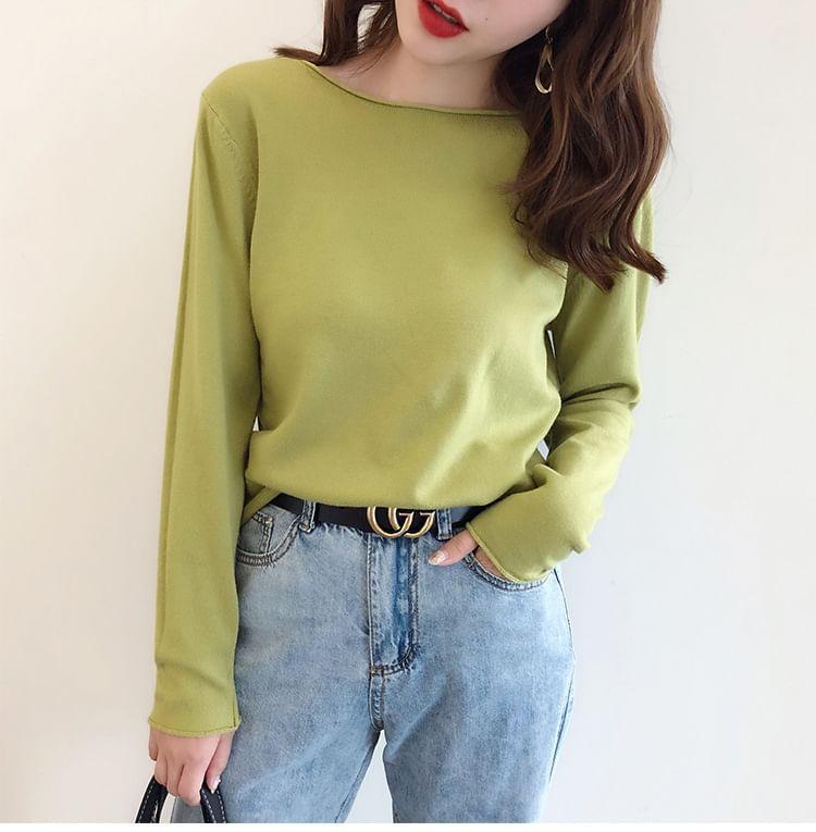 Long Sleeve Crew Neck Plain Knit Top Product Image