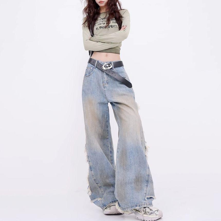 Mid Rise Distressed Washed Wide Leg Jeans Product Image