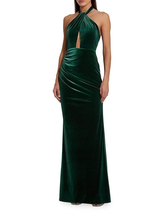 Womens Draped Velvet Halter Column Gown Product Image