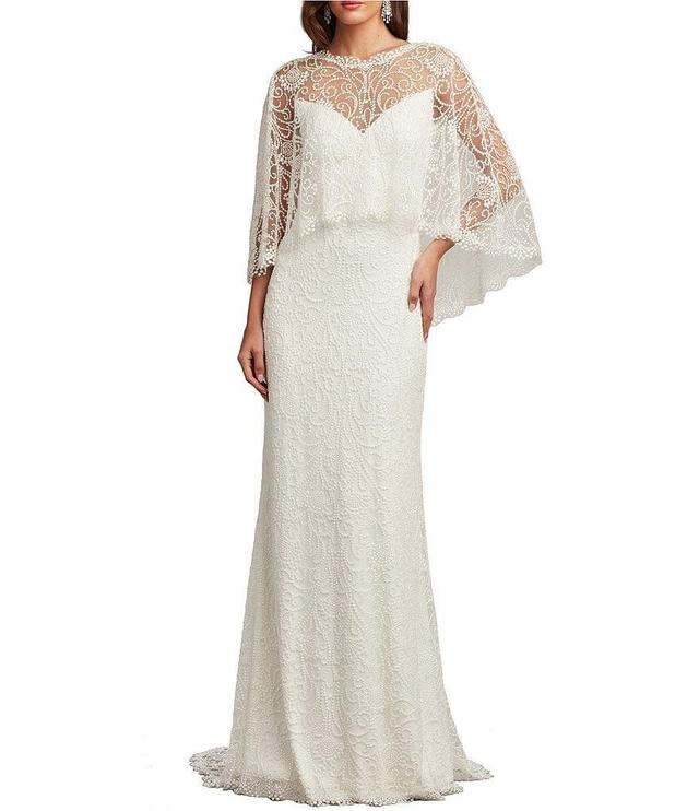 Tadashi Shoji Embroidered Lace Sweetheart Neck Caplet V-Plunge Back Gown Product Image