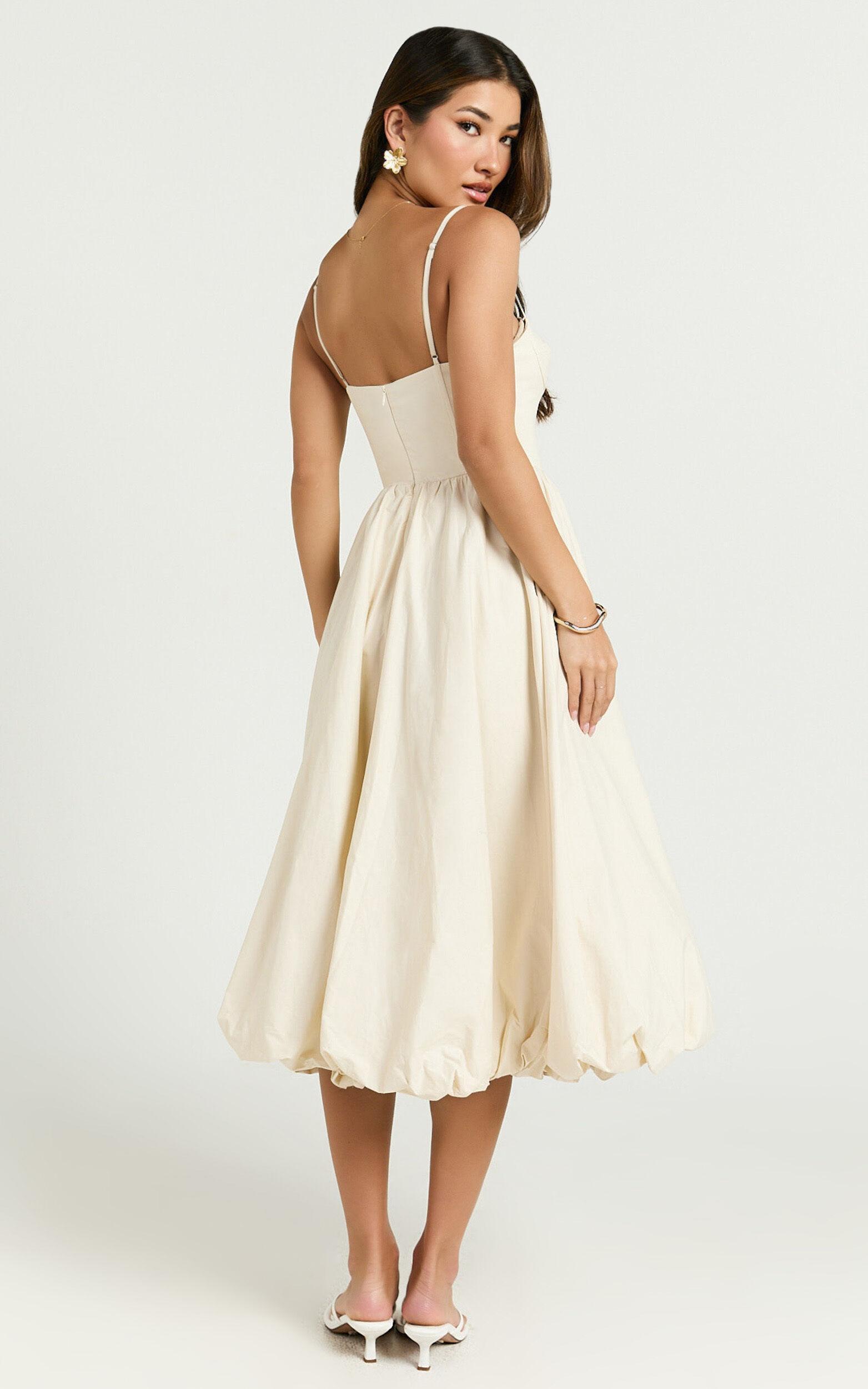 Kara Midi Dress - Strapped Bustier Bubble Hem Dress in Cream Product Image