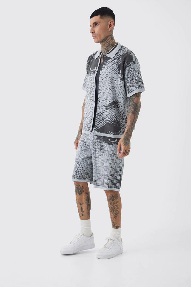 Tall Boxy Face Jacquard Knitted Shirt & Short Set | boohooMAN USA Product Image