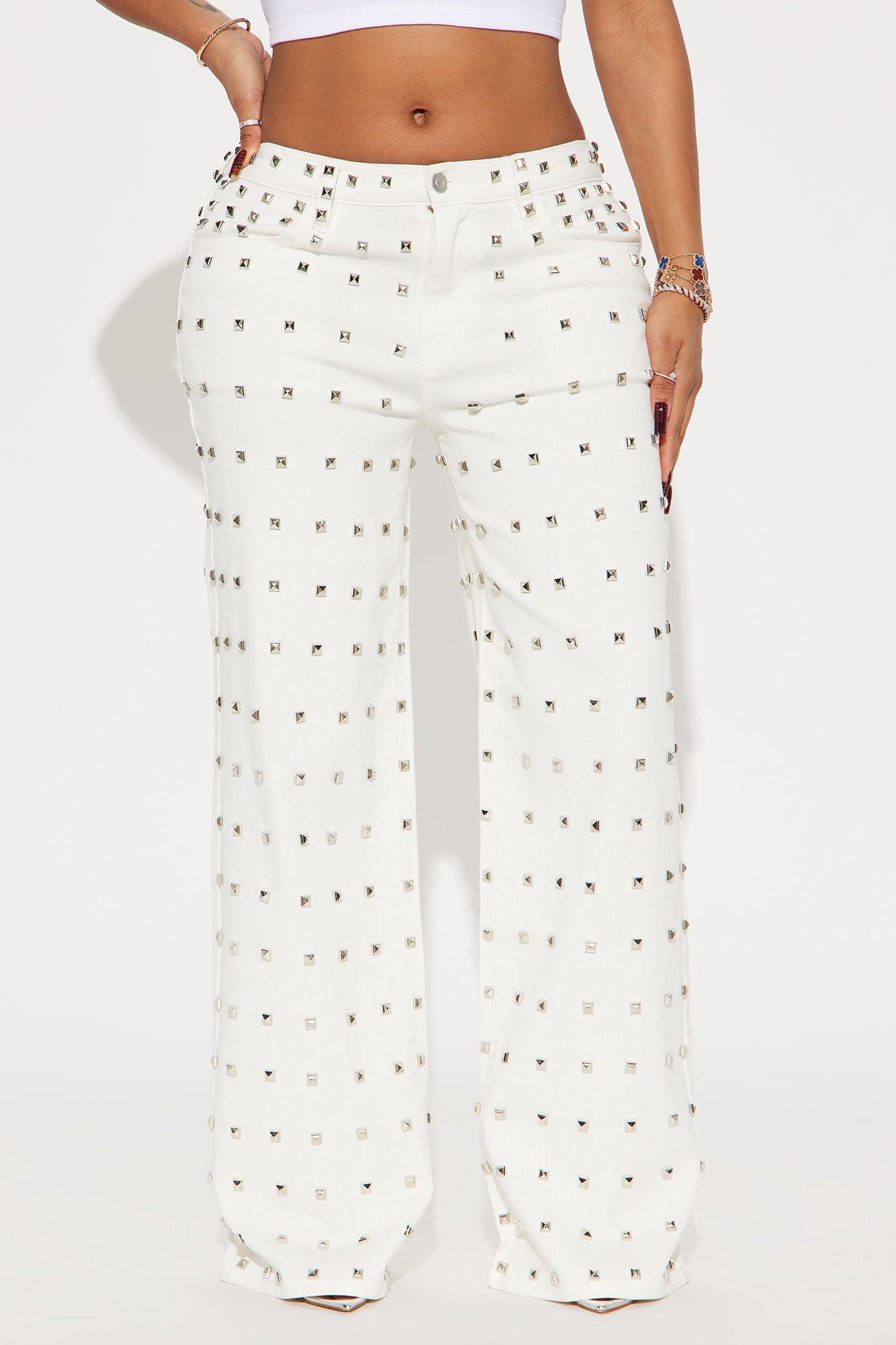 Think I'm In Love Studded Baggy Jeans - White Product Image