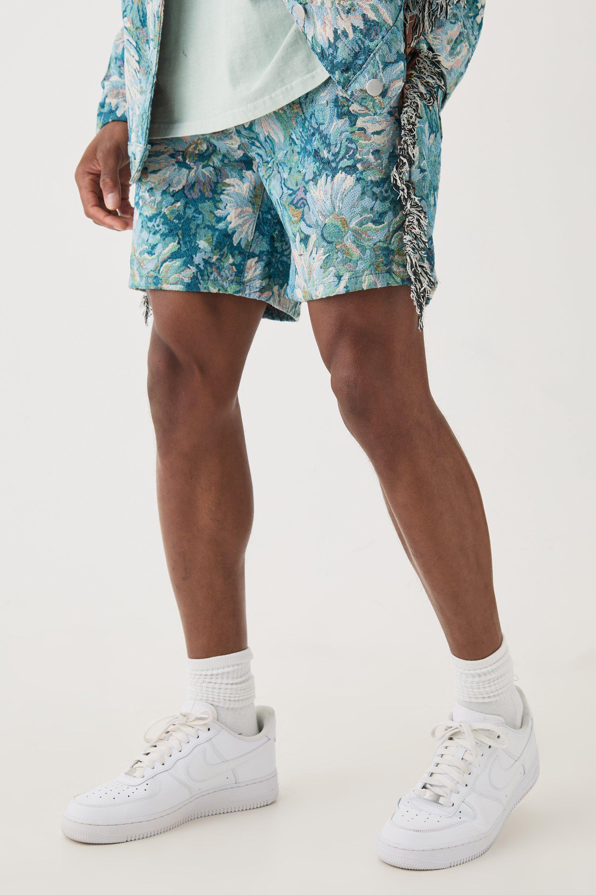 Mens Blue Tapestry Frayed Relaxed Fit Shorts, Blue product image