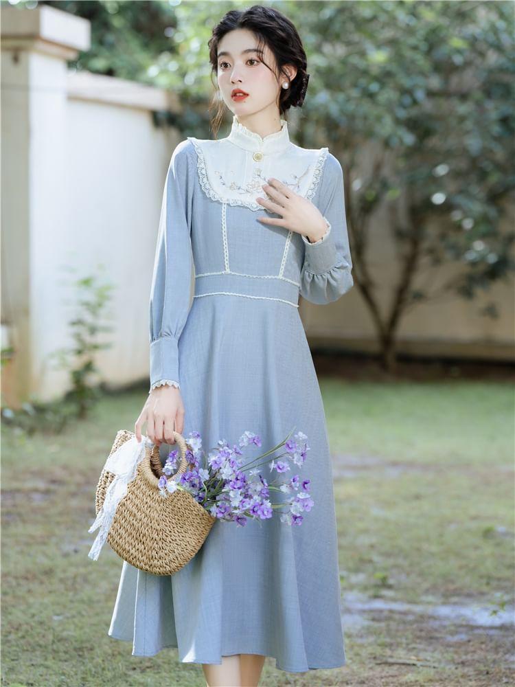 Long-Sleeve Stand Collar Floral Embroidered Lace Trim Midi A-Line Dress Product Image