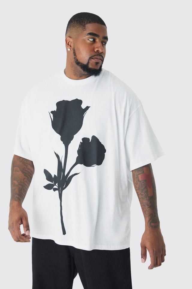 Plus Mono Placement Floral Graphic T-shirt In White | boohooMAN USA Product Image